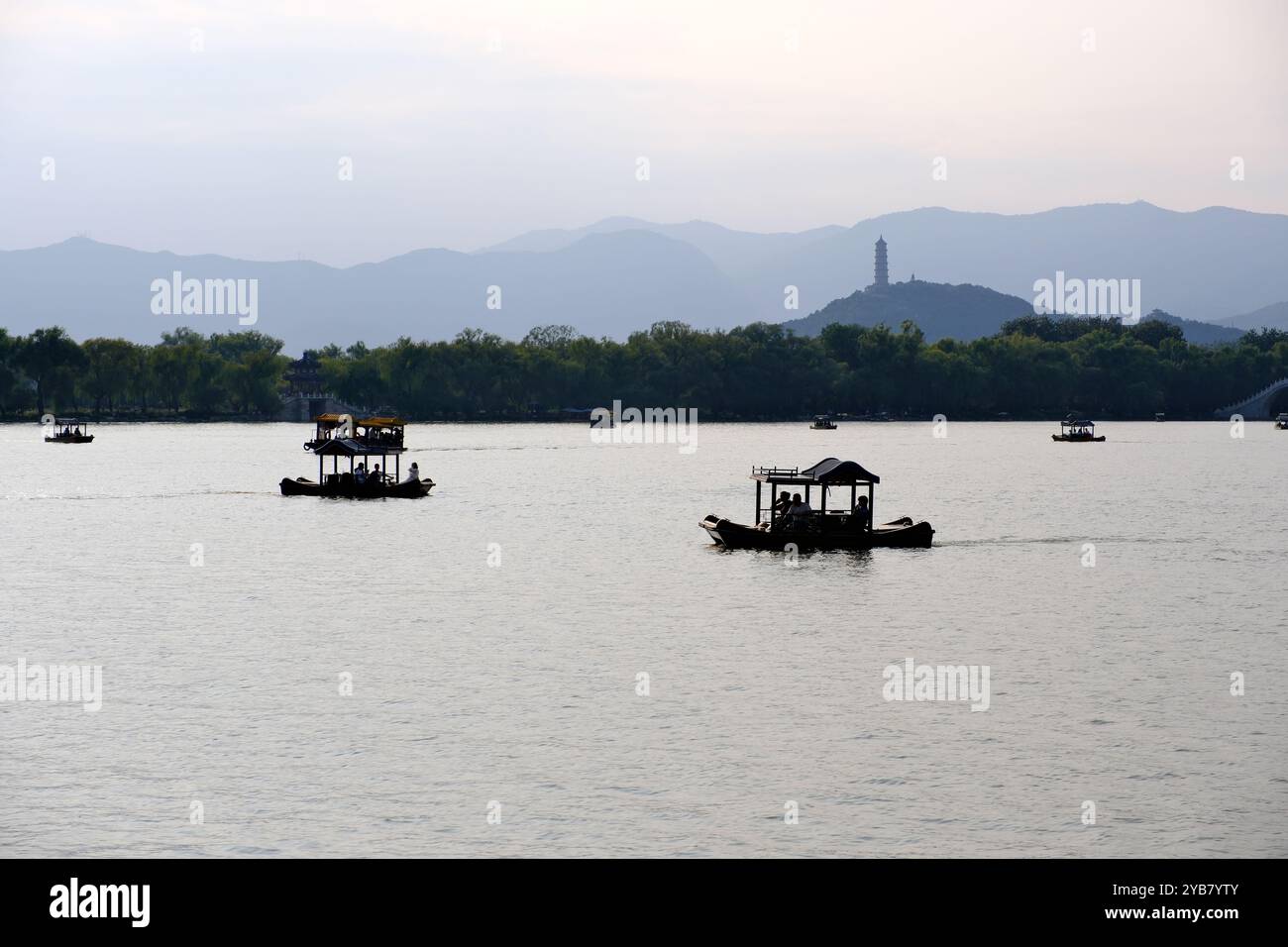 Beijing,China-Sep.16th 2024:Summer Palace in Beijing. Travel boats on Kunming lake Stock Photo