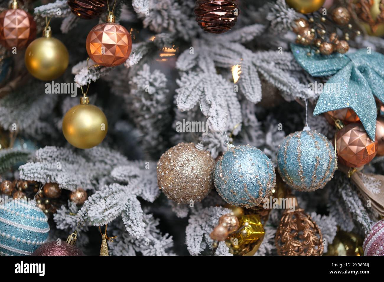 close up christmas tree decorations background Stock Photo