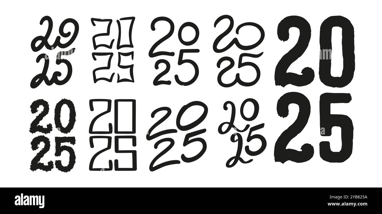 Vector set of clipart 2025 year handwriting font. Isolated lettering