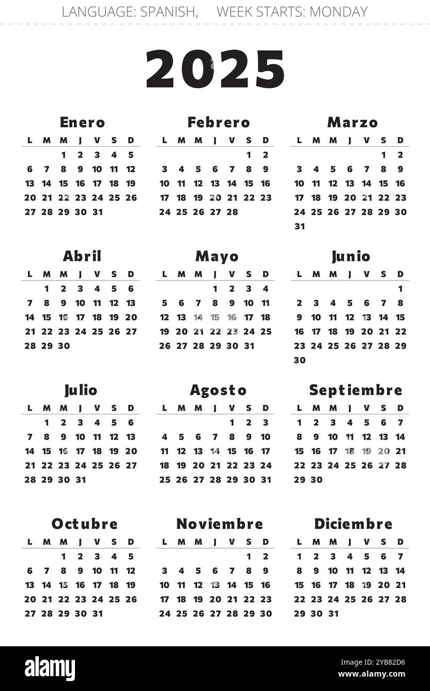 Spanish 2025 year calendar. Printable vector black and red colors illustration for Spain. Good for large print Stock Vector Image & Art - Alamy