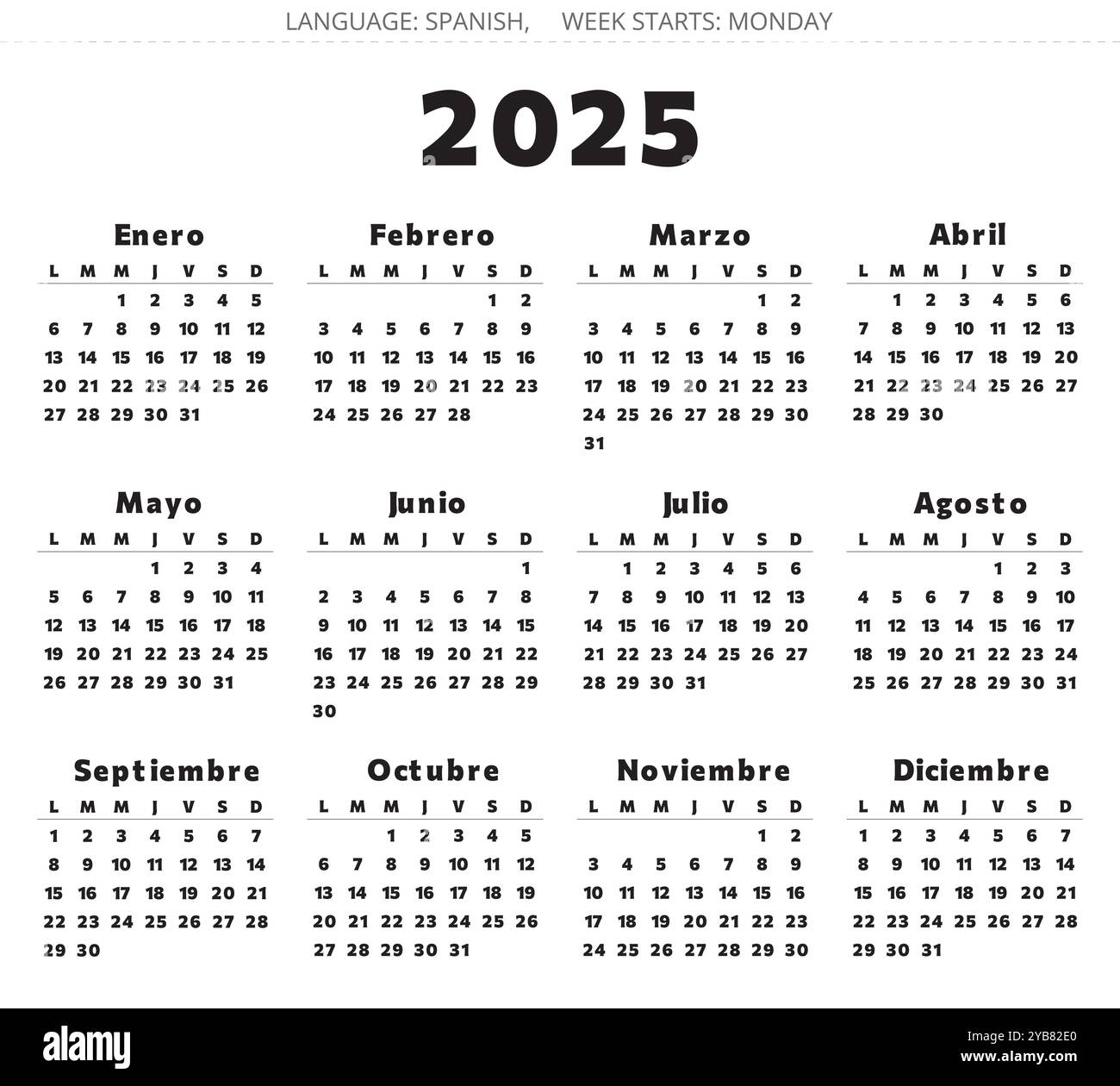 Spanish 2025 year calendar. Printable vector black color illustration