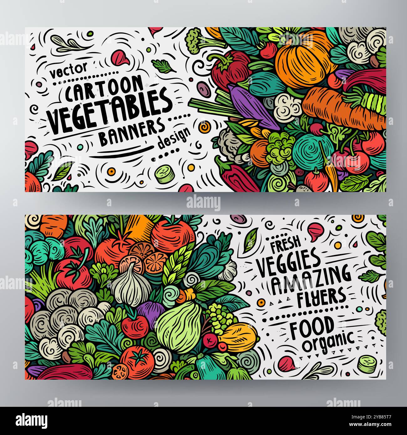 Vector Veggies Sign Cartoon vector doodle set of Fresh Vegetables banners templates ...
