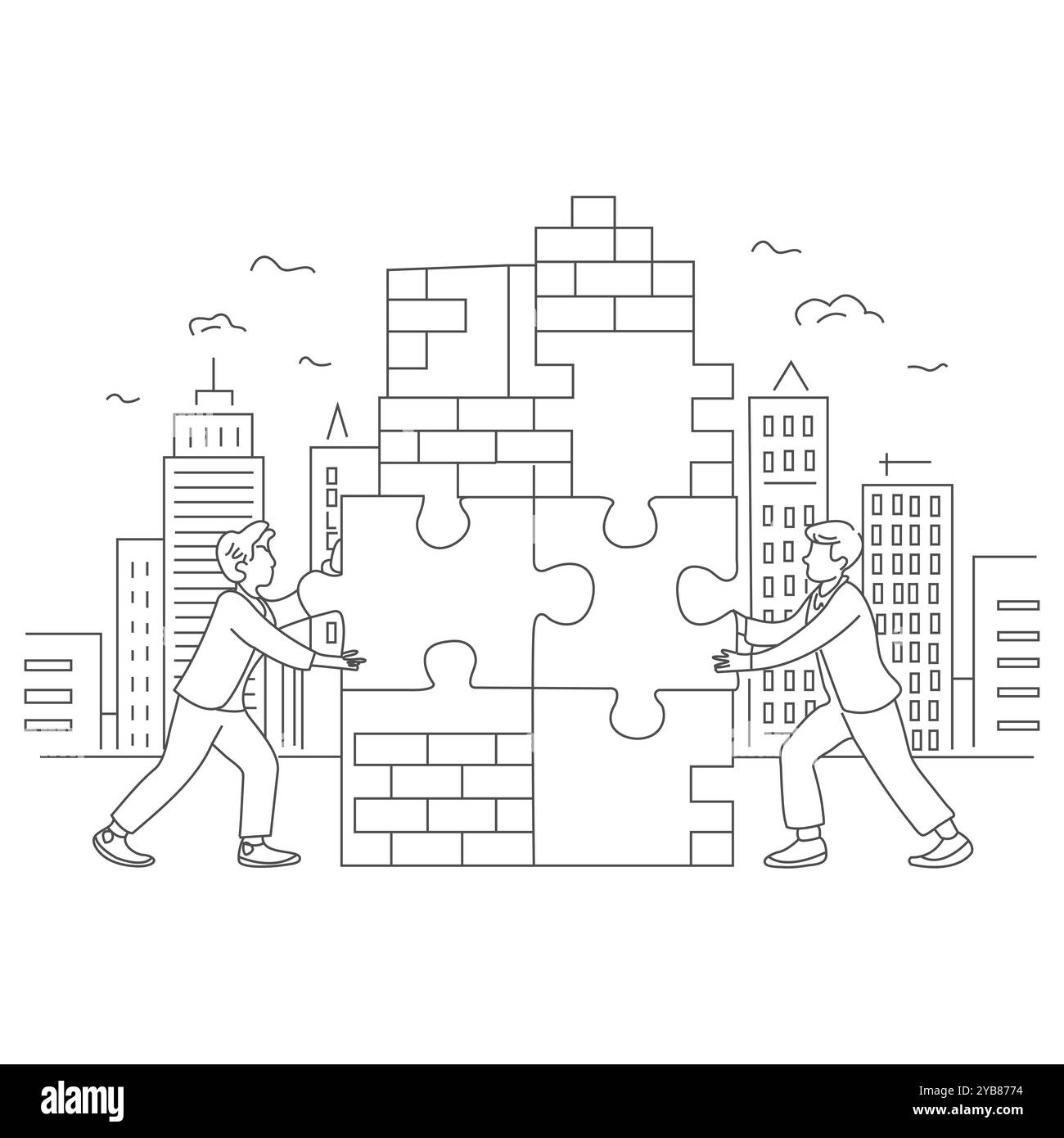 Illustration of businessman making puzzle tower. Concept of teamwork ...