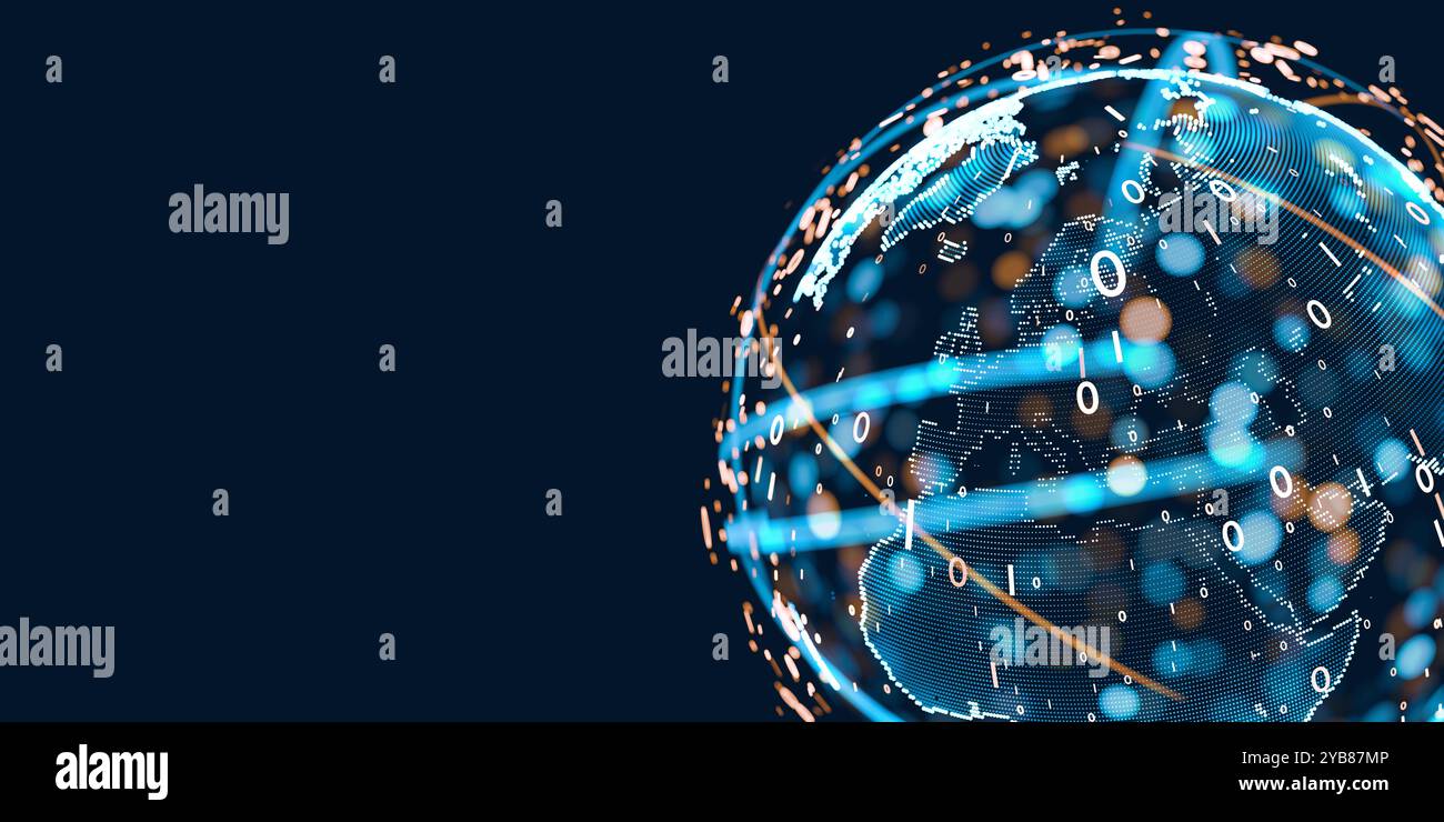 Data-driven AI analytics on a global scale: A futuristic visualization of big data networks, earth's digital transformation, and internet technology s Stock Photo