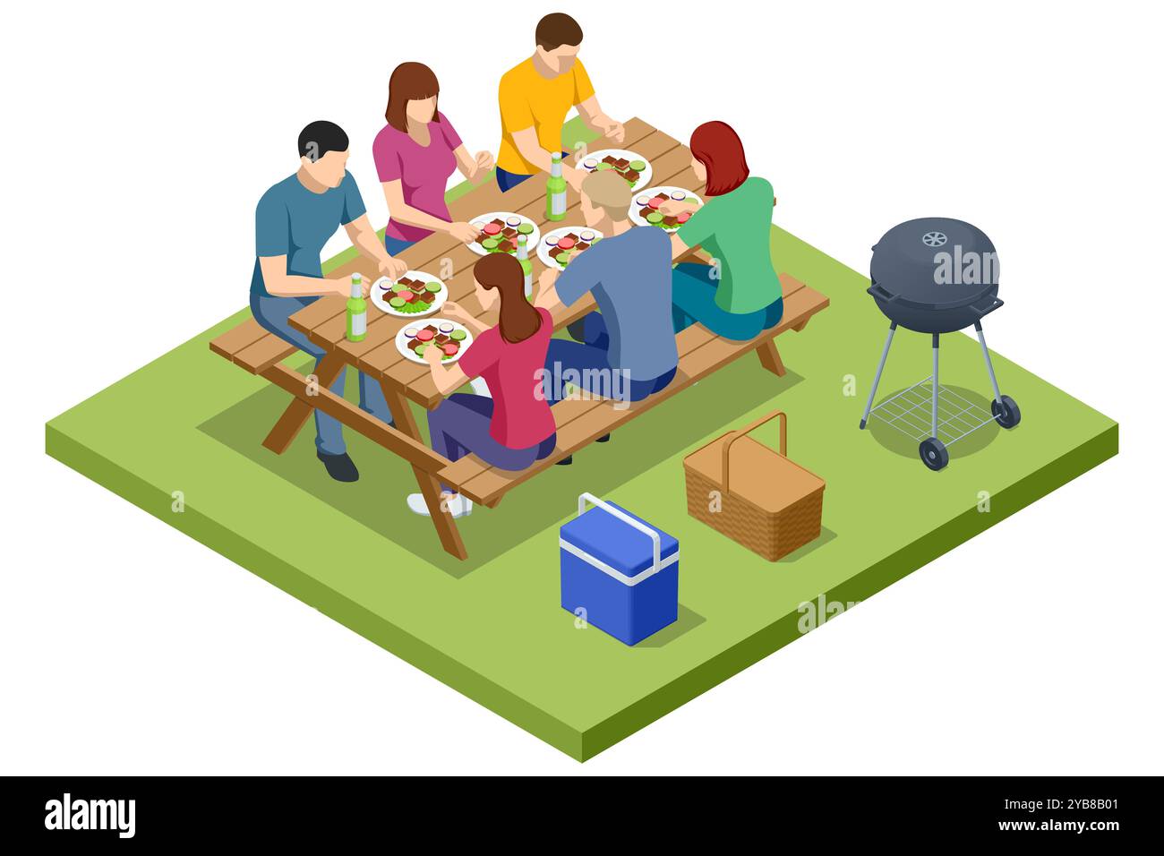 Isometric BBQ scene featuring a grill with various meats and vegetables ...