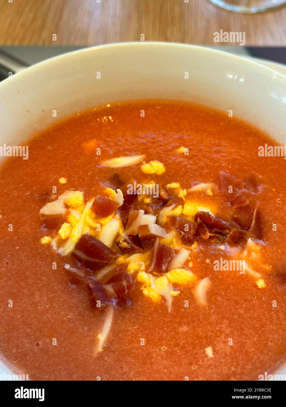 Salmorejo serving, close view. Spain. - Smartphone Captured Stock Image