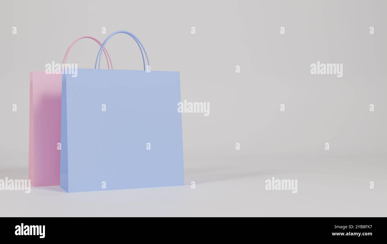 Two shopping bags, one pink and one pastel blue, on a minimalist white ...