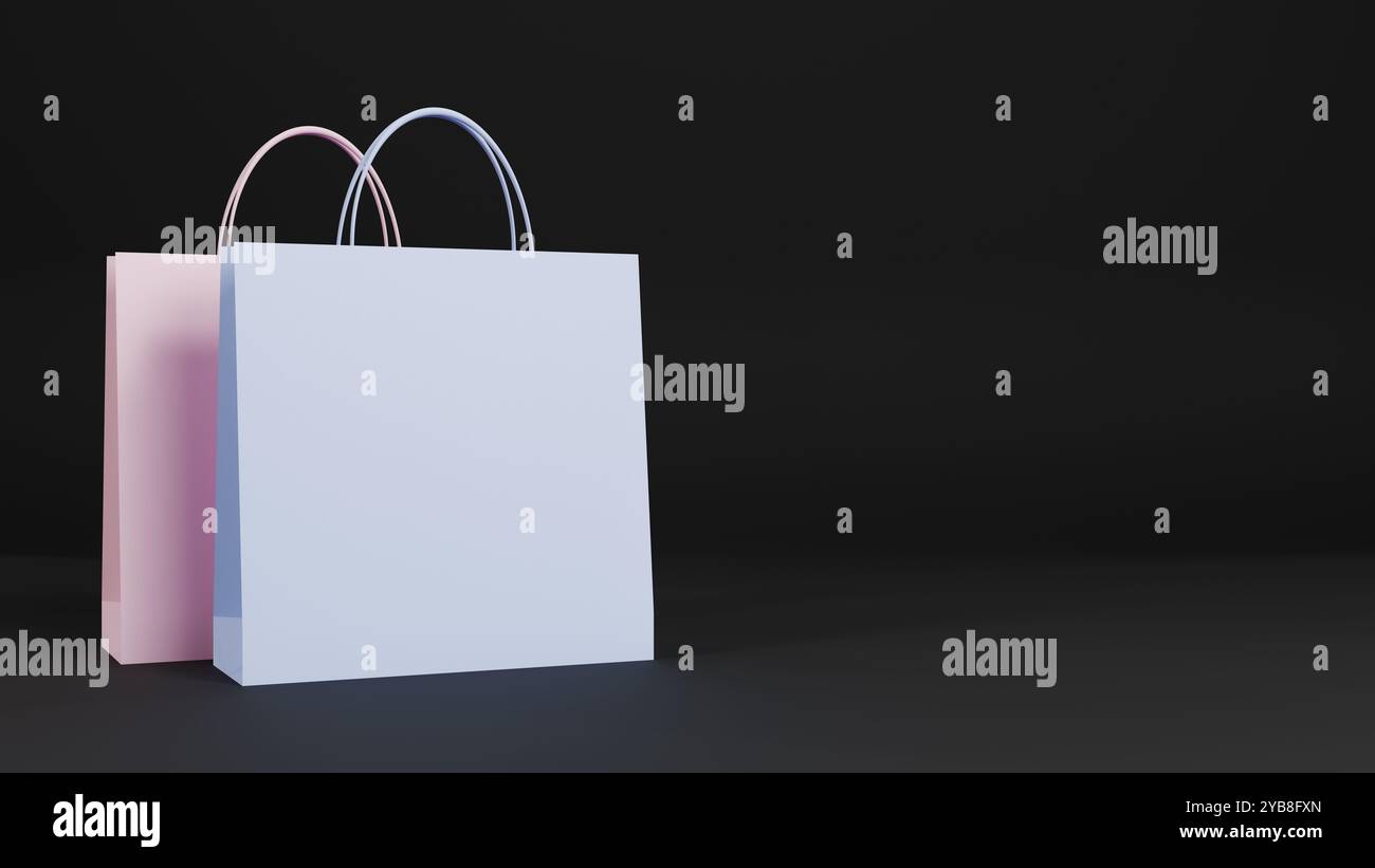 Two shopping bags, one pink and one pastel blue, on a minimalist black ...