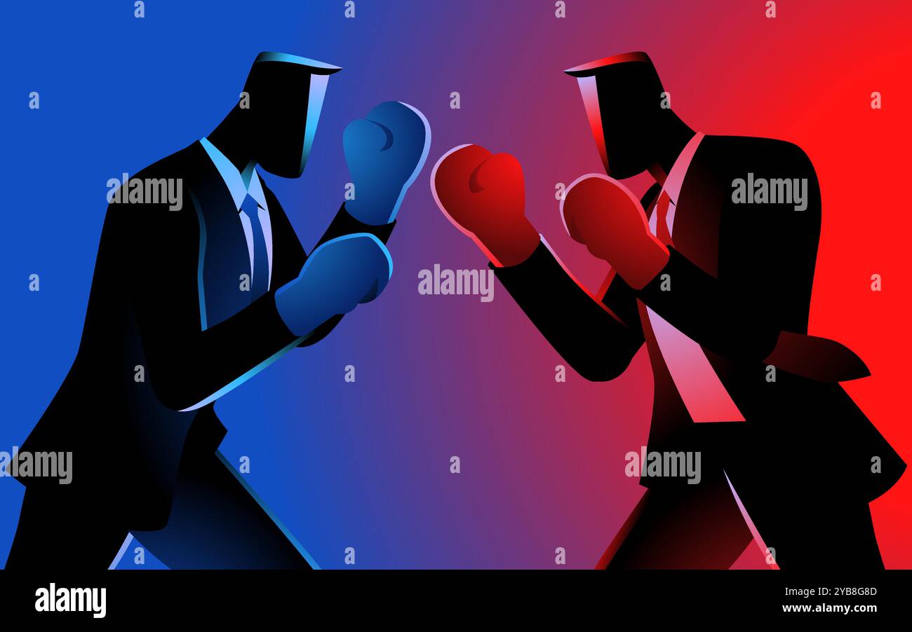 Two businessmen facing off as boxers, symbolizing competition, rivalry, and strategic battles in the corporate world. Perfect for themes of business c Stock Vector