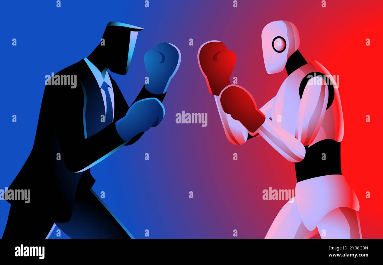 Businessmen facing off against a robot in a boxing match, Ideal for technology themed projects, captures the growing competition between humans and ar Stock Vector