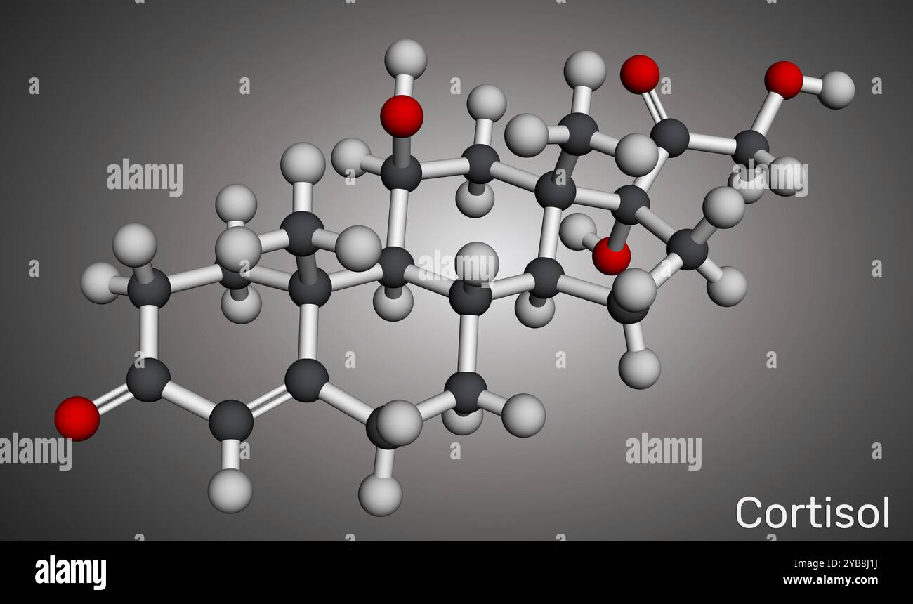 Cortisol, hydrocortisone steroid molecule. Stress hormone involved in metabolism and immune response. Molecular model. 3D rendering. Stock Photo