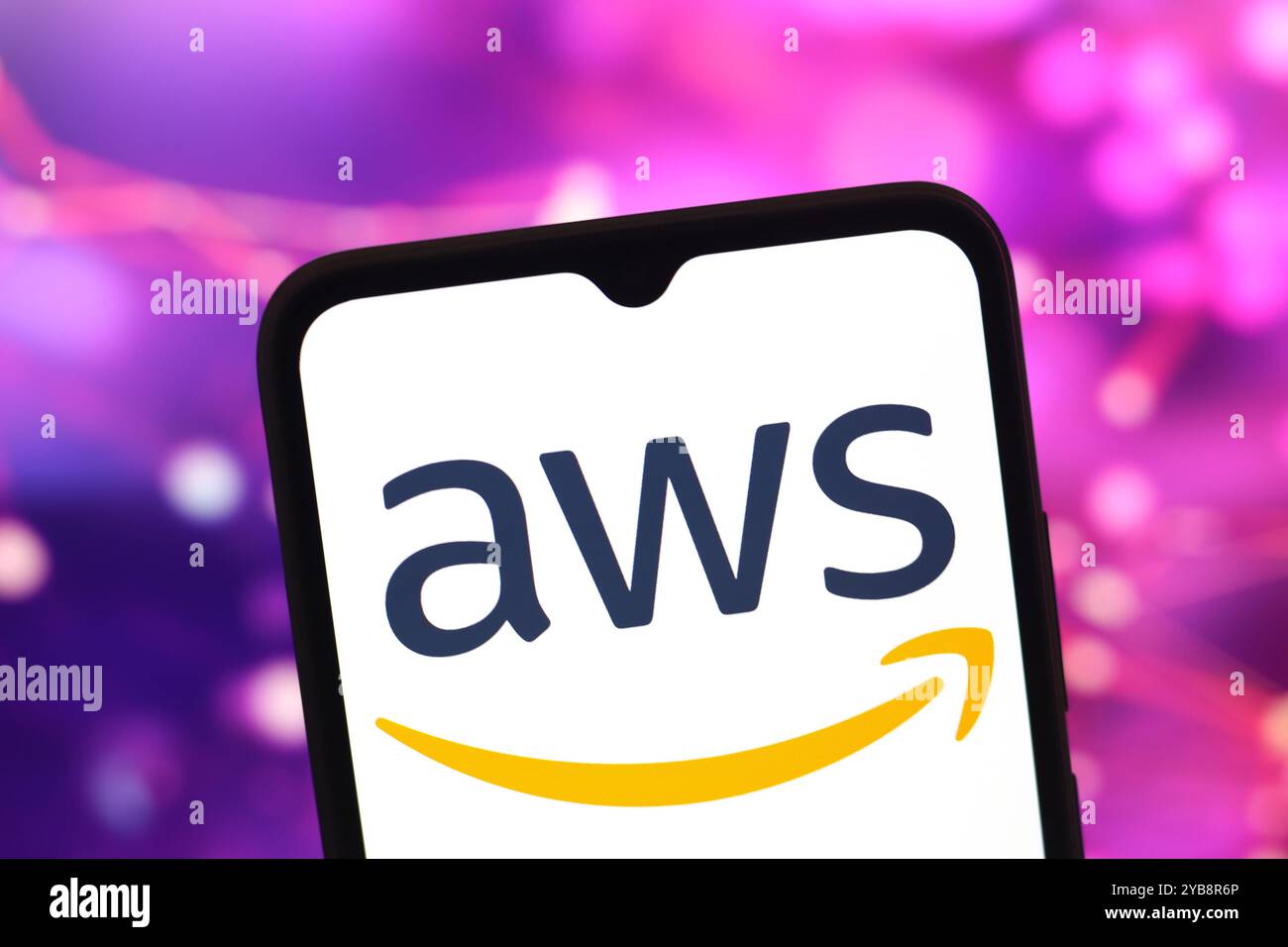 October 17, 2024, Portugal. In this photo illustration, the Amazon Web Services, Inc. (AWS) logo is displayed on a smartphone screen Stock Photo