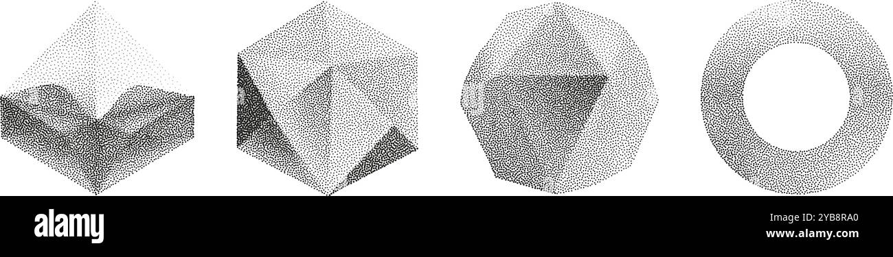 Cube, cylinder, triangle, rhombus with grainy dot texture. Stock Vector