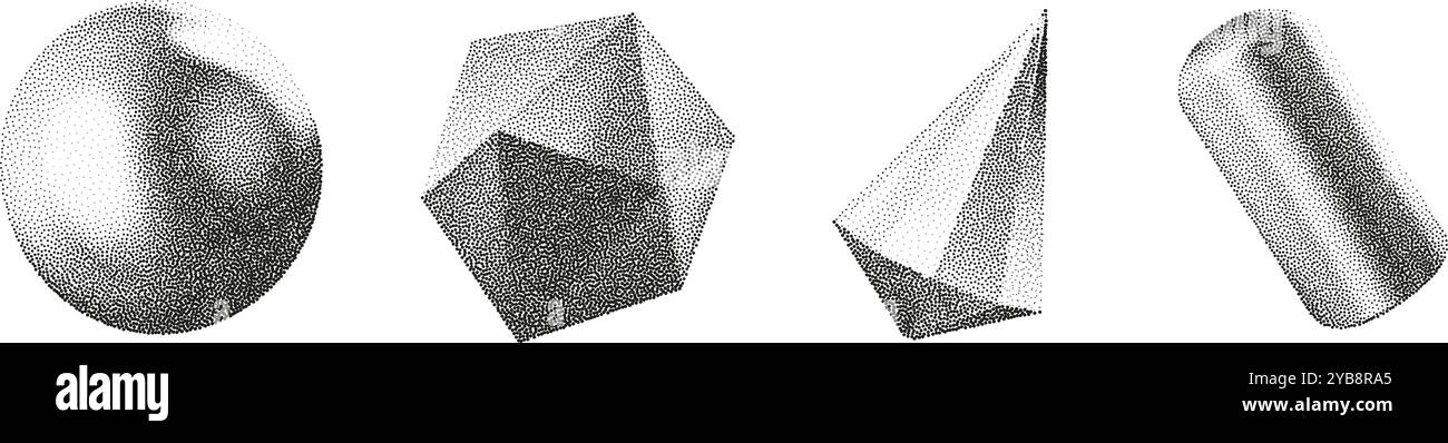 Cube, cylinder, triangle, rhombus with grainy dot texture. Stock Vector