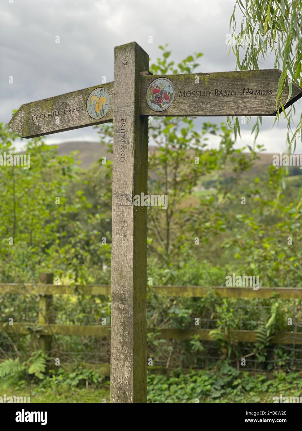 Wooden signpost for Mossley basin, public footpath, Saddleworth, Greater Manchester U.K. - Smartphone Captured Stock Image