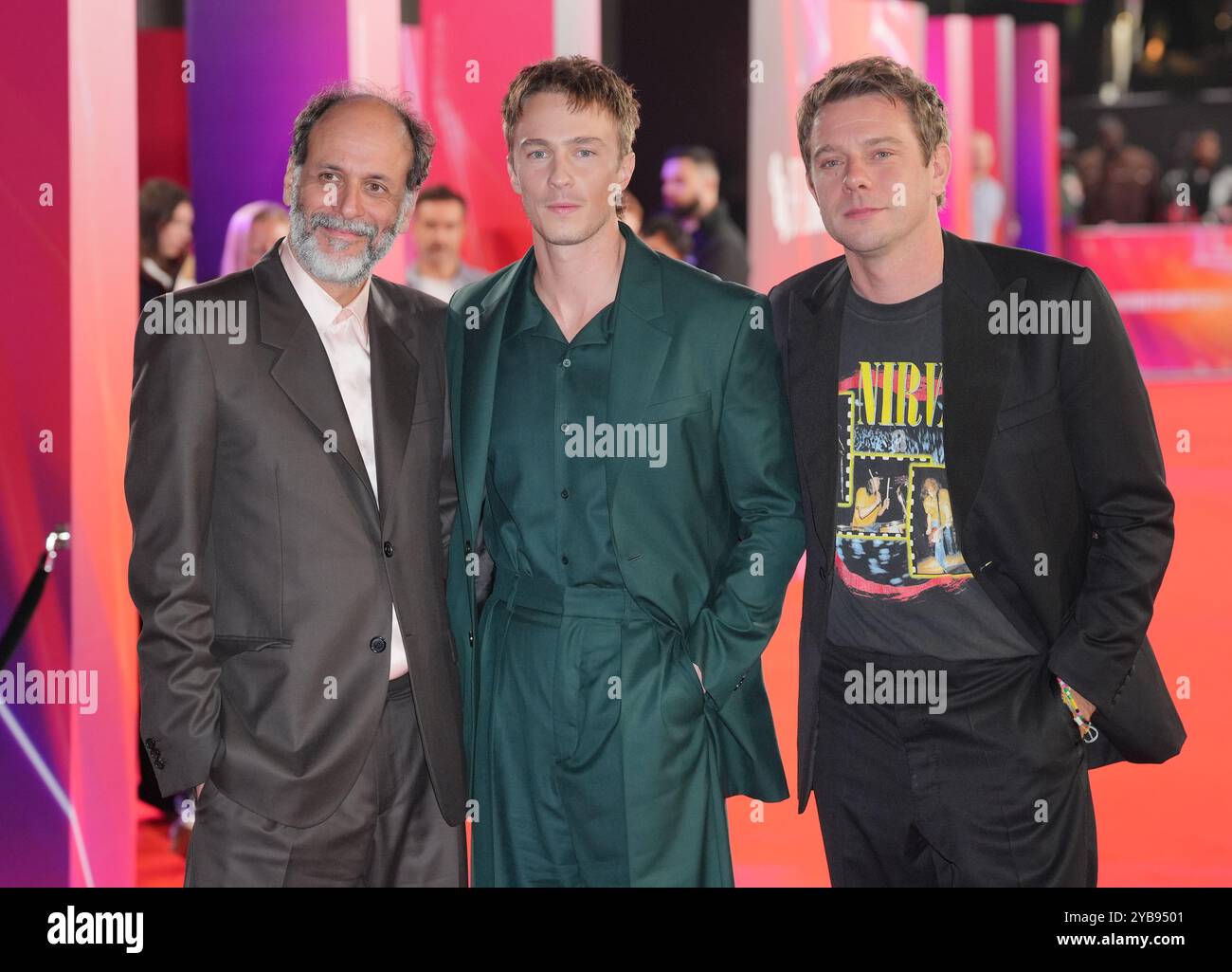 (left to right) Luca Guadagnino, Drew Starkey, and JW Anderson attend the BFI London Film Festival gala screening of Queer at the Royal Festival Hall, Southbank Centre in London. Picture date: Thursday October 17, 2024. Stock Photo