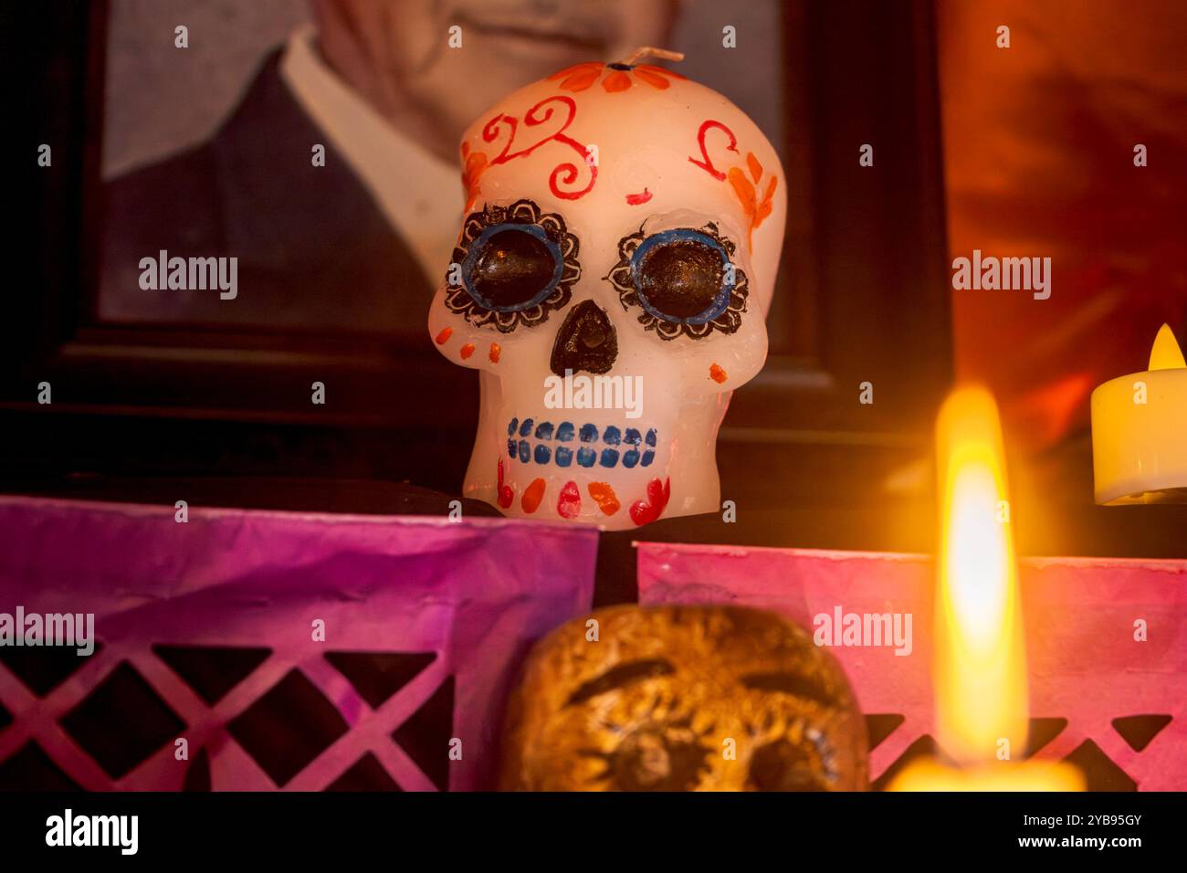 San Diego, USA. 15th Oct, 2024. San Diego - October 15, 2024 - Since 1994, the community in Sherman Heights has come together every year to celebrate and honor loved ones who've passed on for Dia de los Muertos. A sugar skull, or calavera, is placed onto a Dia de los Muertos altar in memory of a loved one at the Sherman Heights Community Center, October 15, 2024. (Matthew Bowler/KPBS/Sipa USA) **NO SALES IN SAN DIEGO-SAN DIEGO OUT** Credit: Sipa USA/17�Թ����� Live News Stock Photo