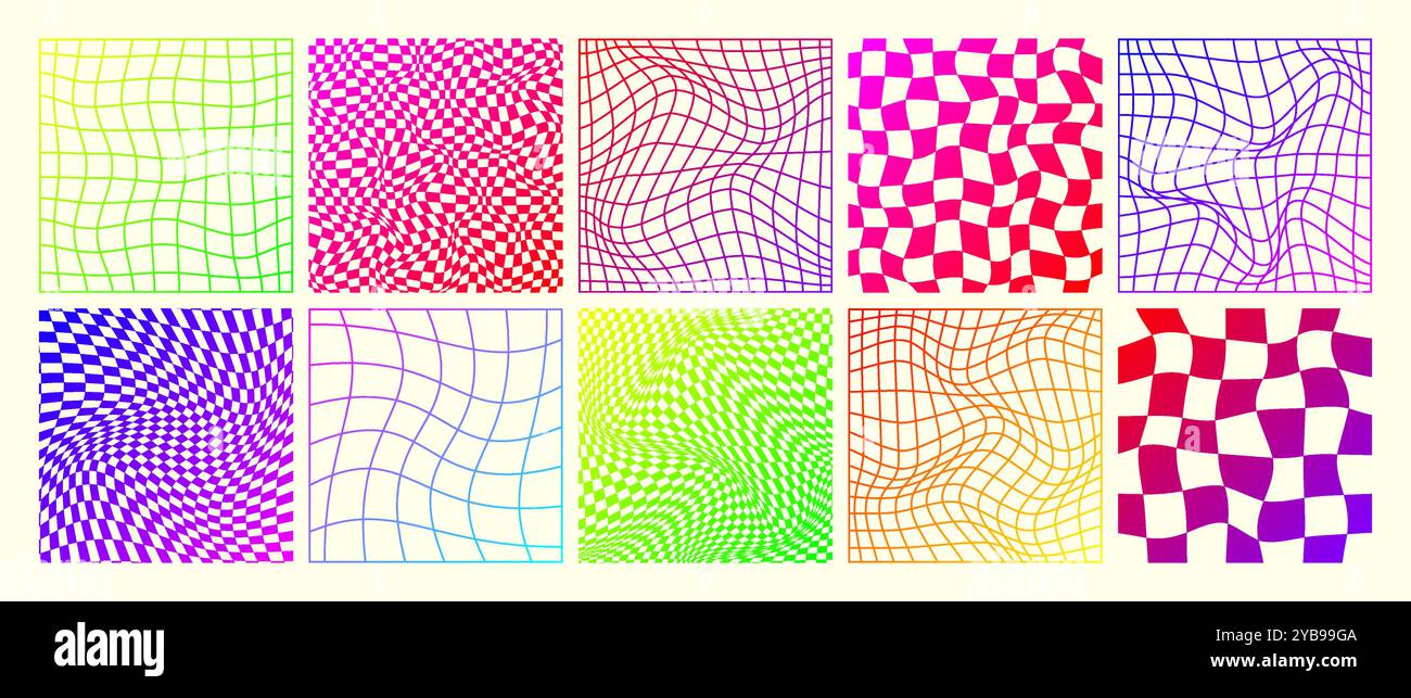 Groovy checkered pattern, neon distorted tiled grid. Vintage wavy ...