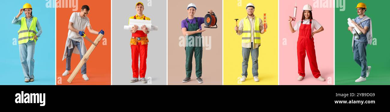 Set of different workers on color background Stock Photo