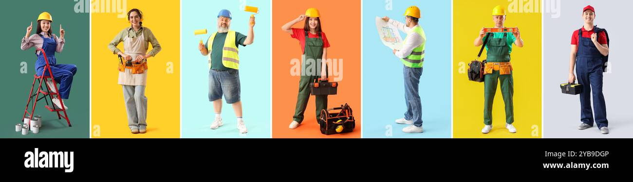 Set of different workers on color background Stock Photo