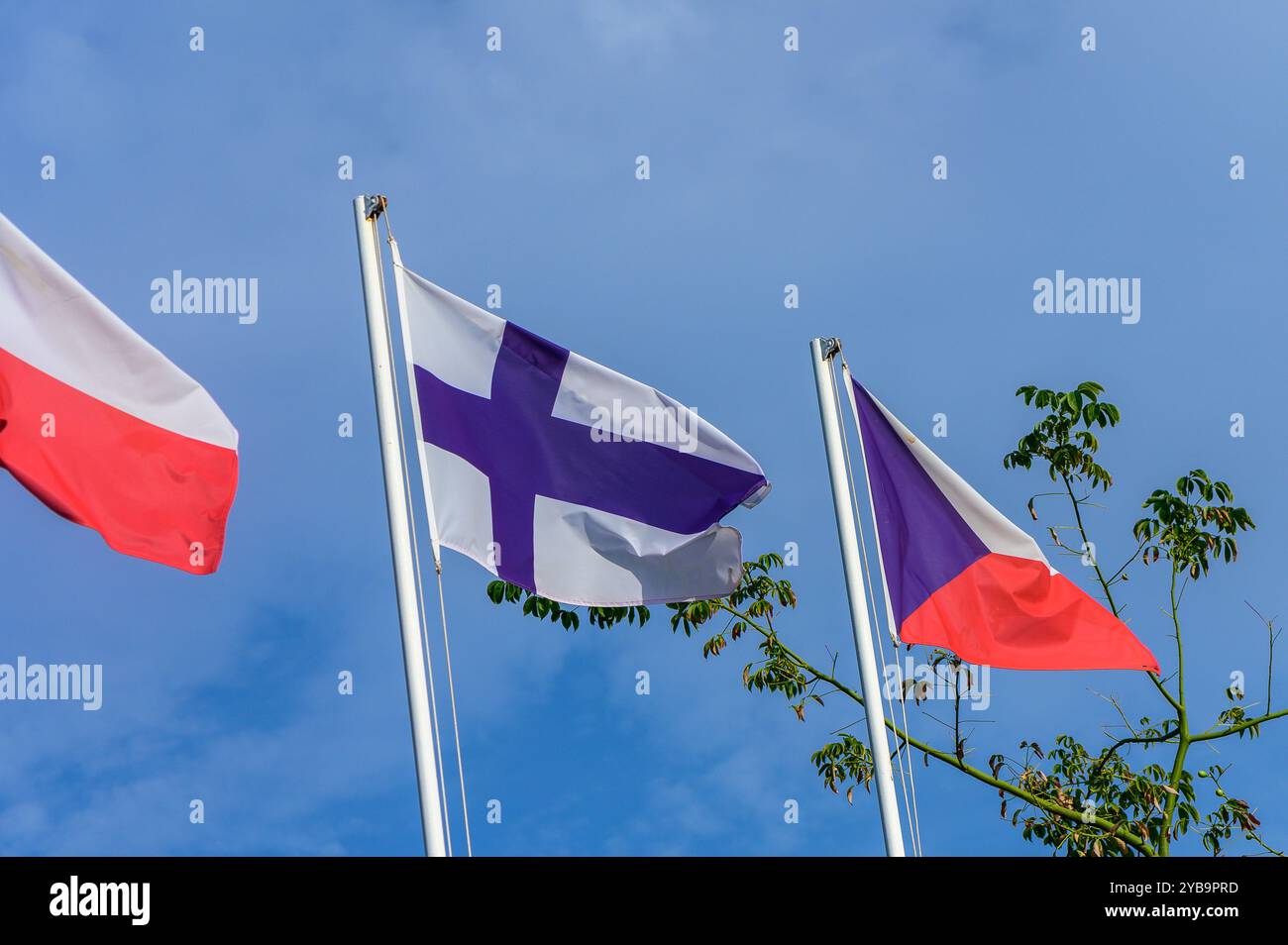 Three distinct flags flutter against a clear blue sky, showcasing ...