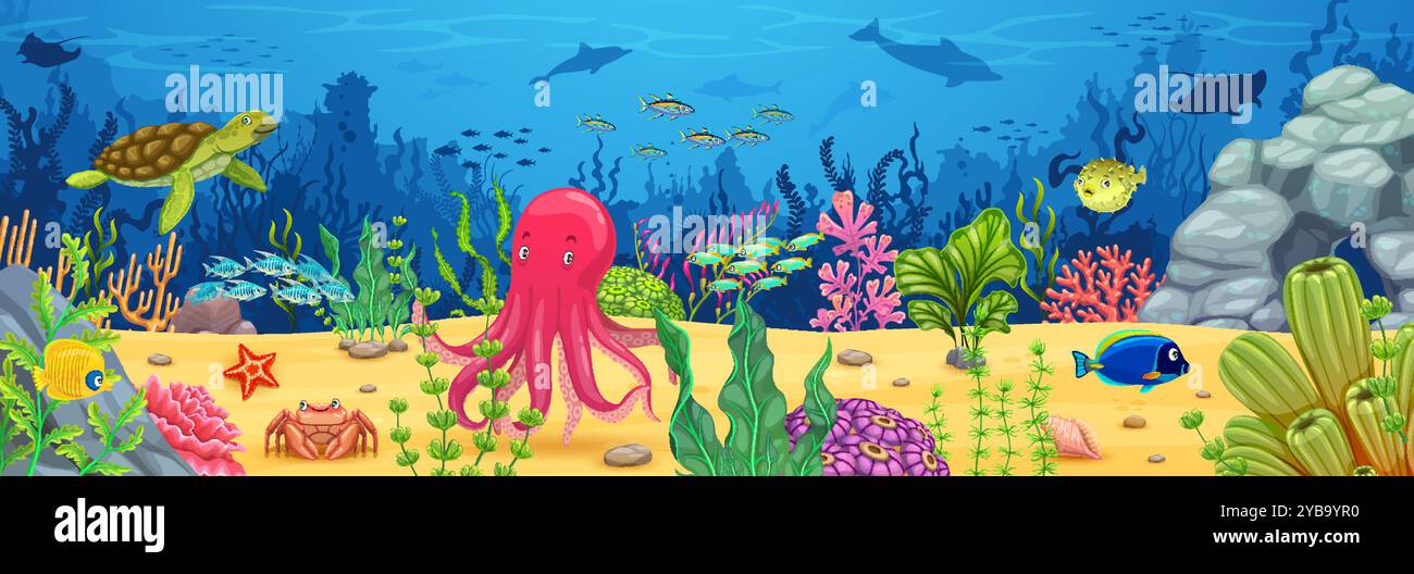 Cartoon underwater game landscape with undersea animals and fishes ...