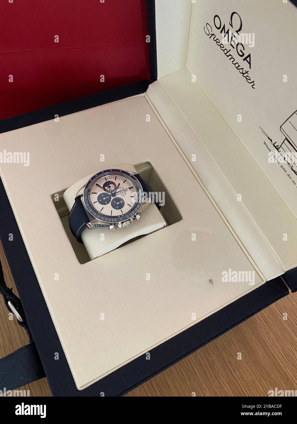 Omega watch, 50th anniversary 'eyes on the stars' silver snoopy award tribute to the award Omega received in 1970 from NASA astronauts for Apollo 13 - Smartphone Captured Stock Image