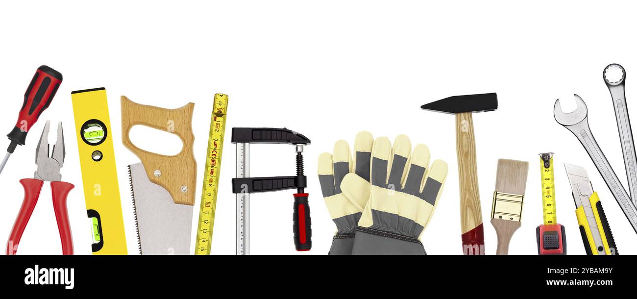 Various hand tools against a white background Stock Photo