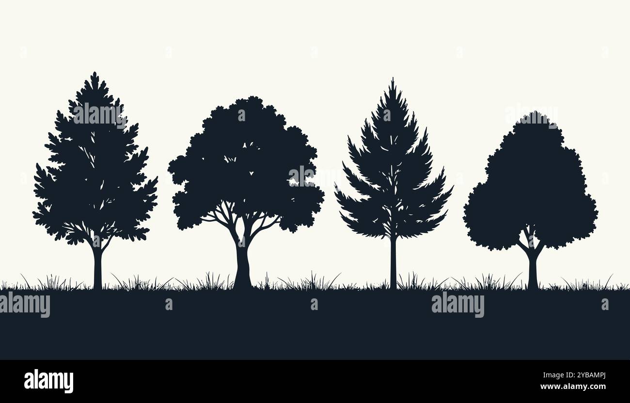 Silhouette of four distinct tree types in a row, set against a simple ...