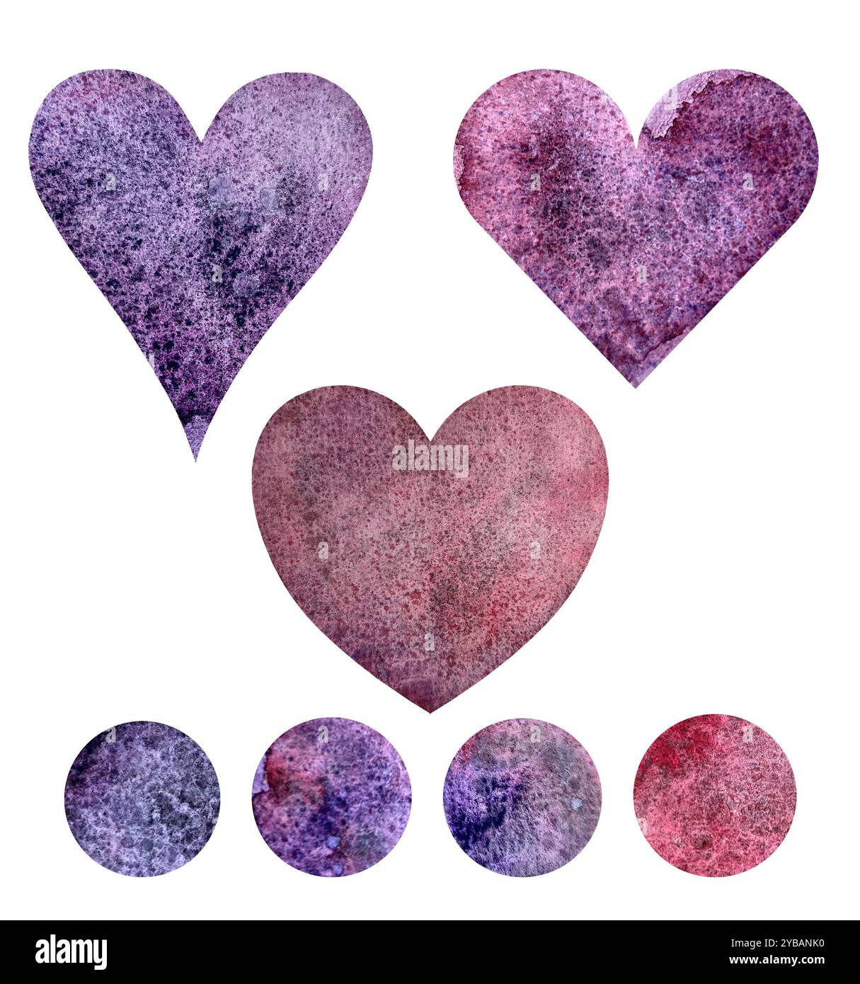 A collection of watercolor hearts and circles in purple and pink hues ...