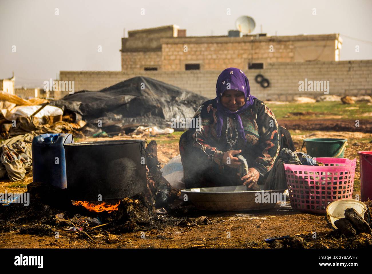 An internally displaced Syrian in the refugee camp of Kafar Halab in the south-western countryside of Aleppo. Stock Photo