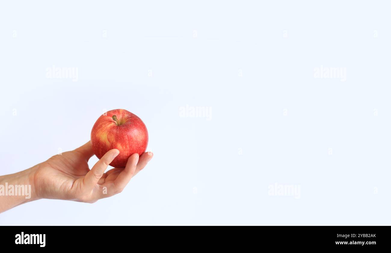 Ripe apple in a woman's hand on a light background. Close-up of a hand ...