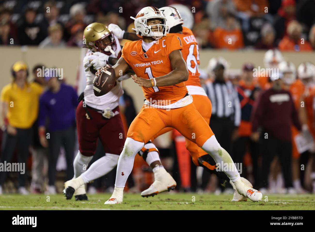 October 17, 2024: Virginia Tech Hokies quarterback Kyron Drones (1) throws the ball during the NCAA football game between the Boston College Eagles an Stock Photo