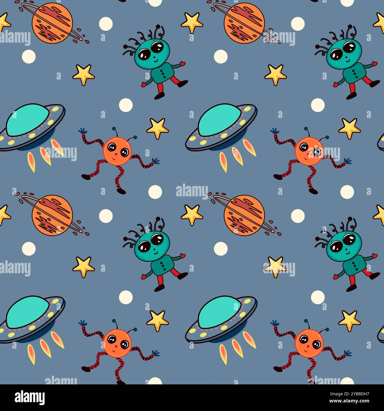 Seamless childish space pattern with funny aliens, Flying Saucers ...