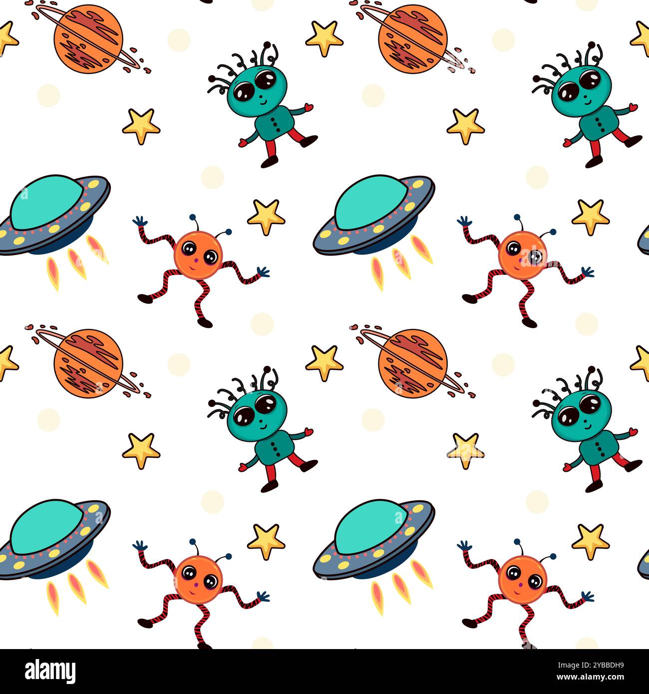 Seamless childish space pattern with funny aliens, Flying Saucers ...