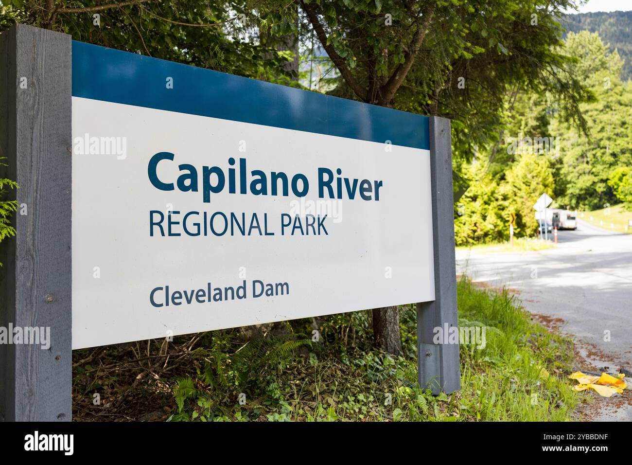Vancouver, Canada - September 25,2022:This image shows the entrance sign for Capilano River Regional Park, specifically highlighting the Cleveland Dam Stock Photo