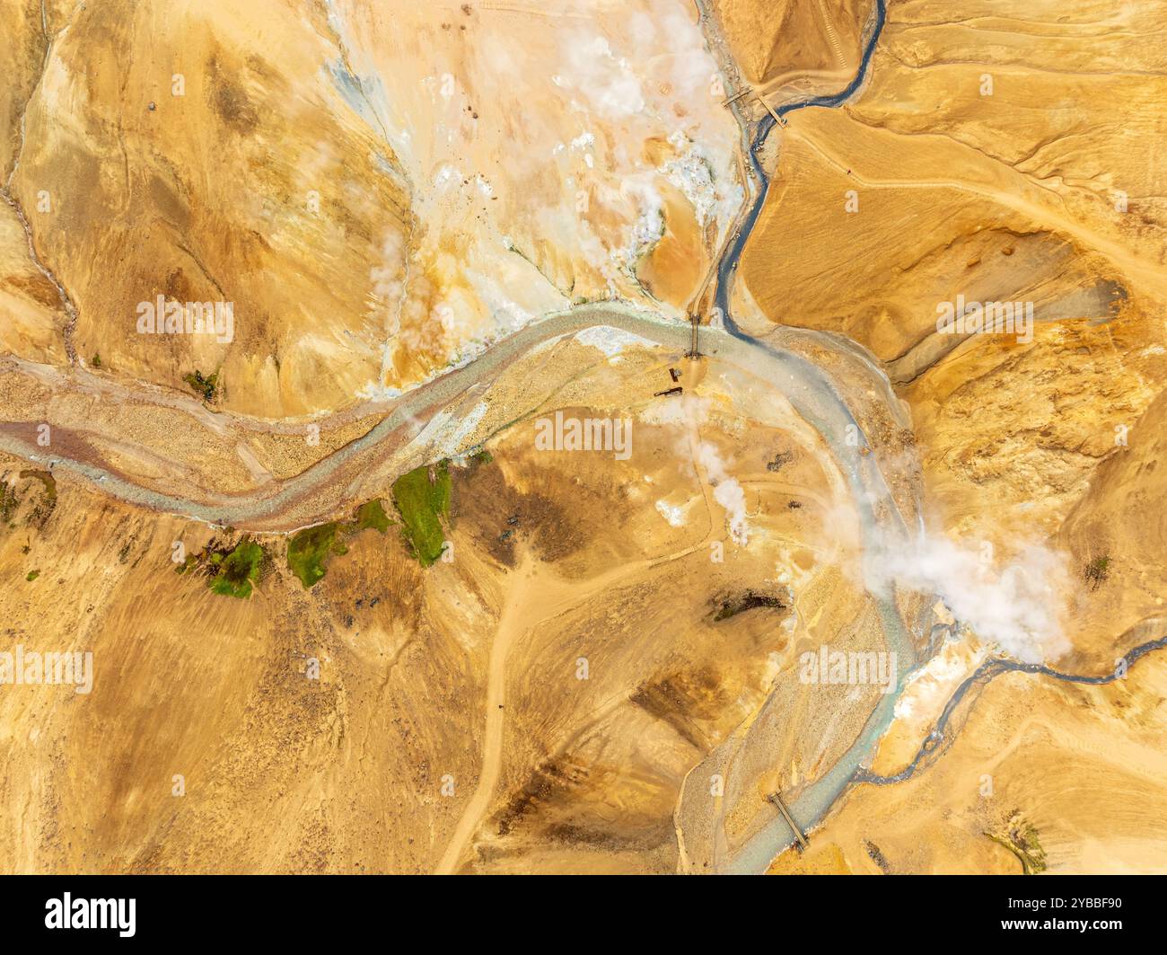 Steaming hot springs and colourful rhyolite mountains, aerial view, Hveradalir geothermal area, Kerlingarfjöll, Icelandic highlands, Iceland Stock Photo