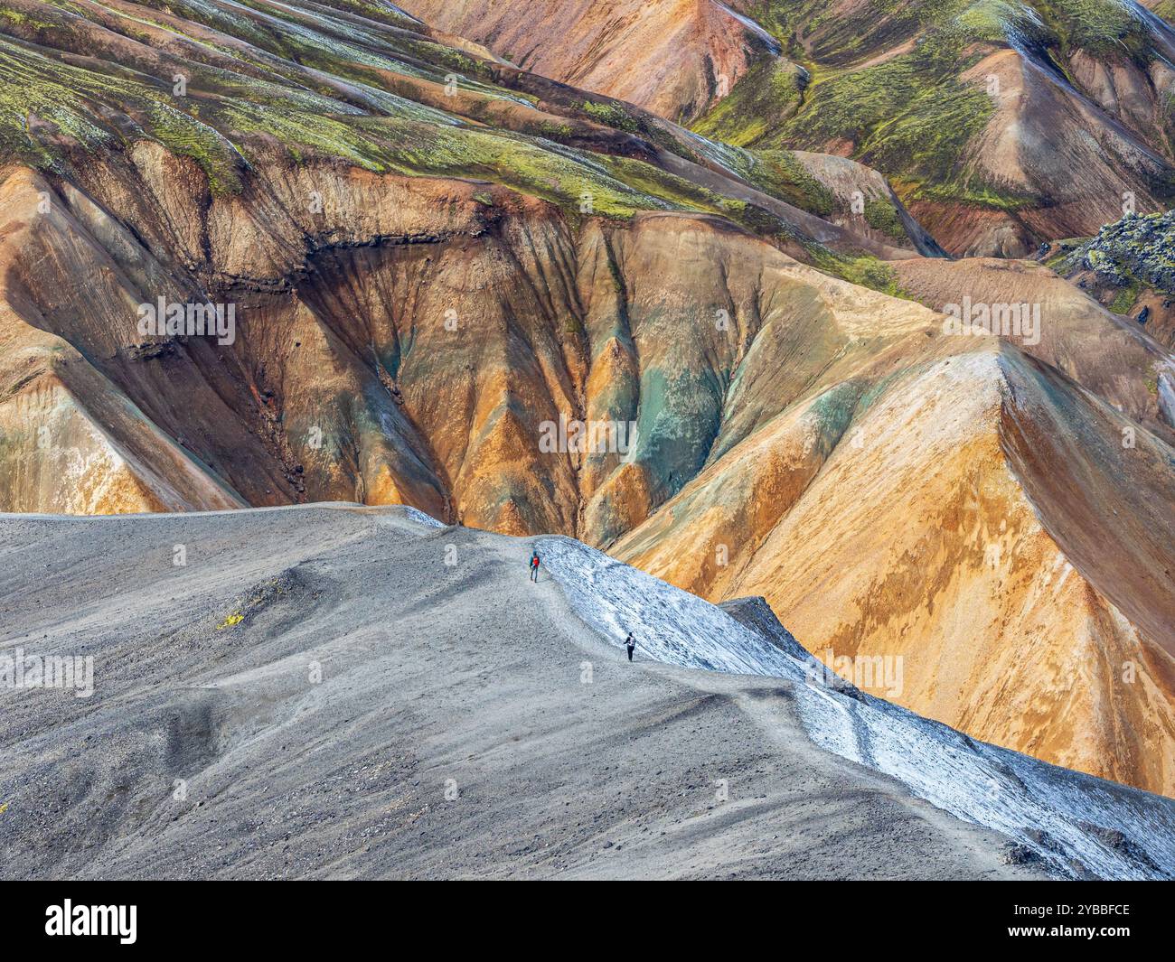 Hikers decending the slopes of  Mt. Blahnukur, colorful rhyolite mountains, lava field, Landmannalaugar, Fjallabak Nature Reserve, Iceland Stock Photo