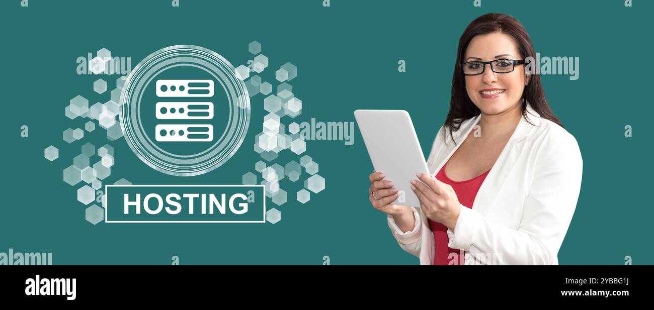 Woman using digital tablet with hosting concept on background Stock Photo