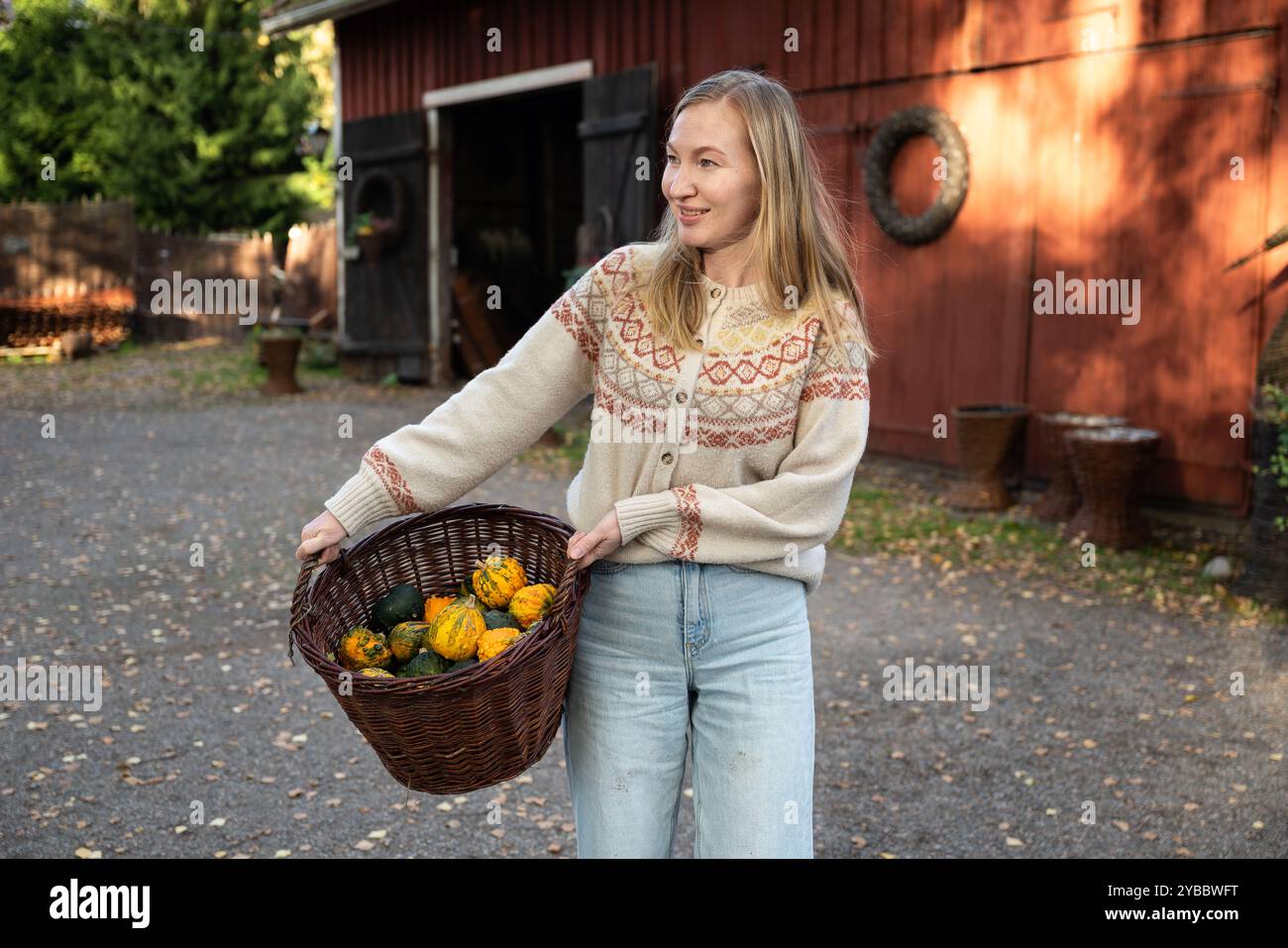 Woman holding decorative pumpkins in wicker basket Stock Photo