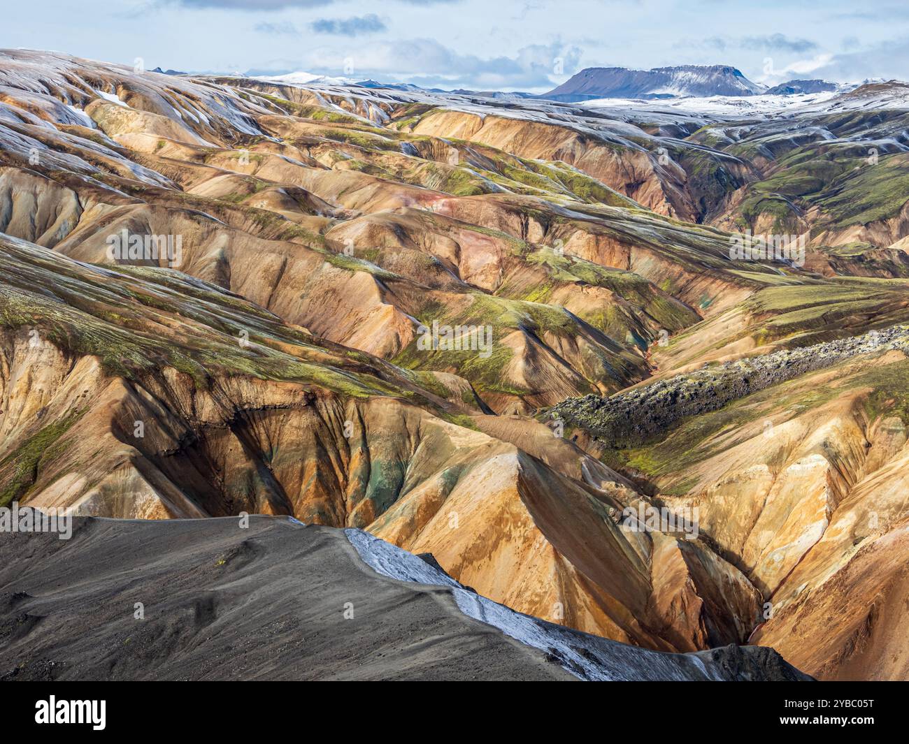 Early snow on the colorful rhyolite mountains,  Landmannalaugar, Fjallabak Nature Reserve, Iceland Stock Photo