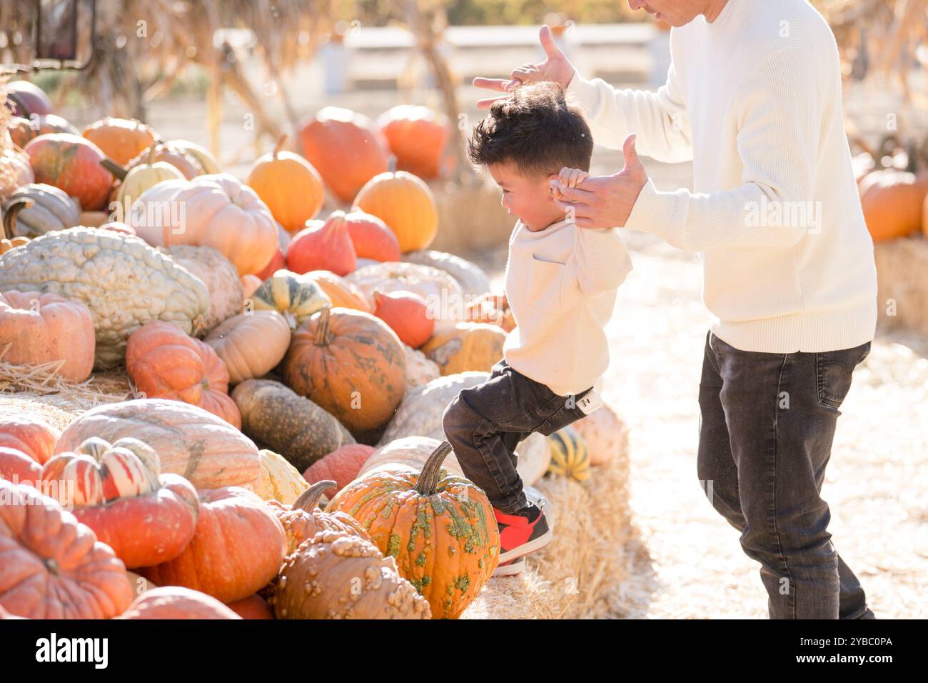 Father helping son up hay stacks and pumpkins Stock Photo