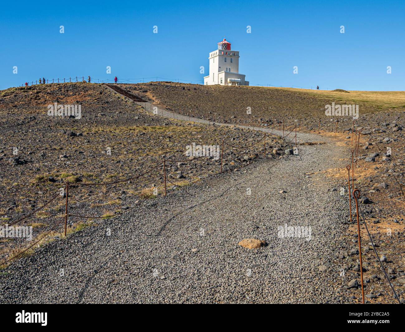 Lighthouse at Cape Dyrholaey, hiking path, southern coast, Iceland Stock Photo
