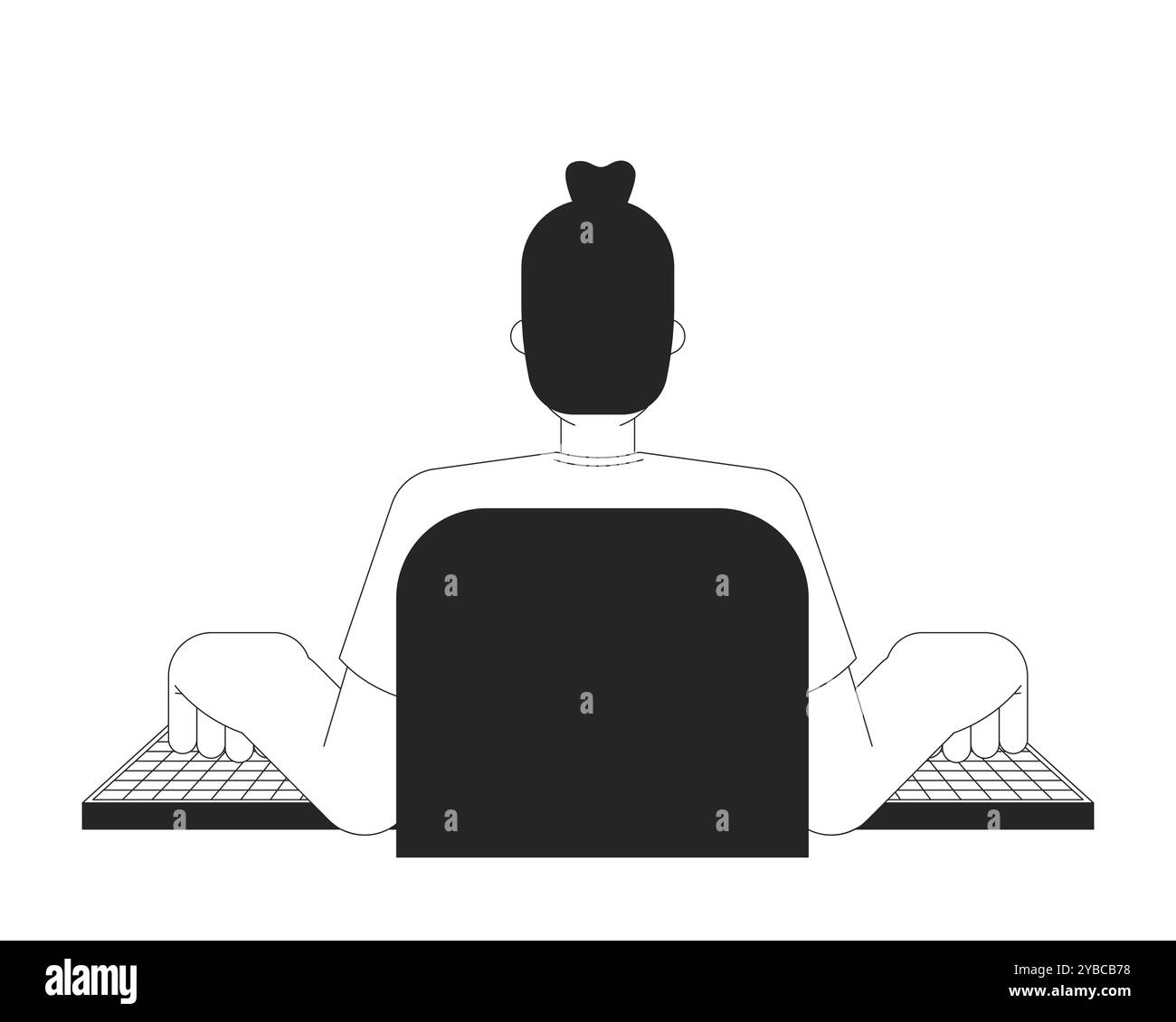 Back view man typing computer keyboard black and white 2D line ...