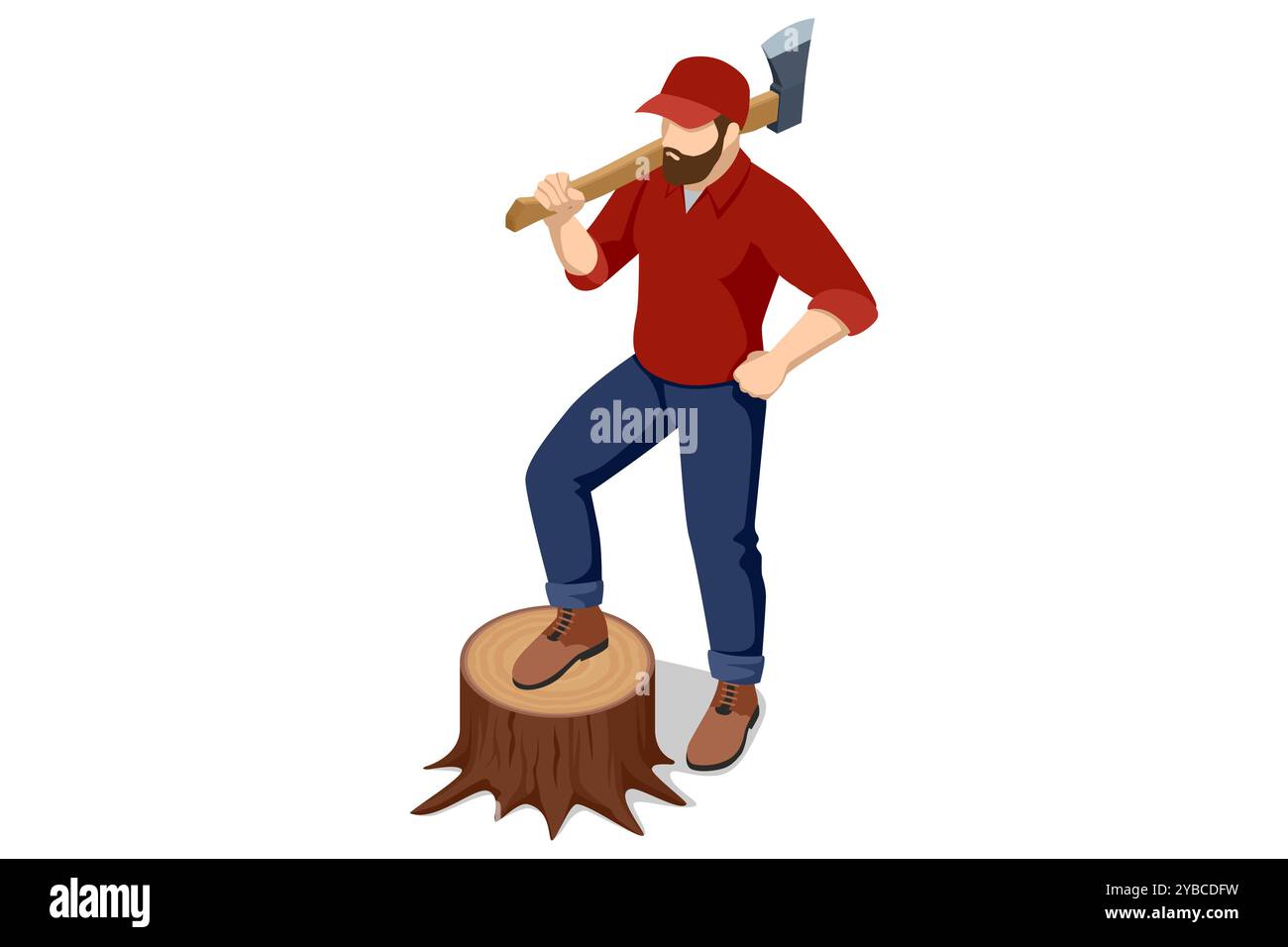 Isometric lumberjack male character holding an axe and wood log. Wood ...