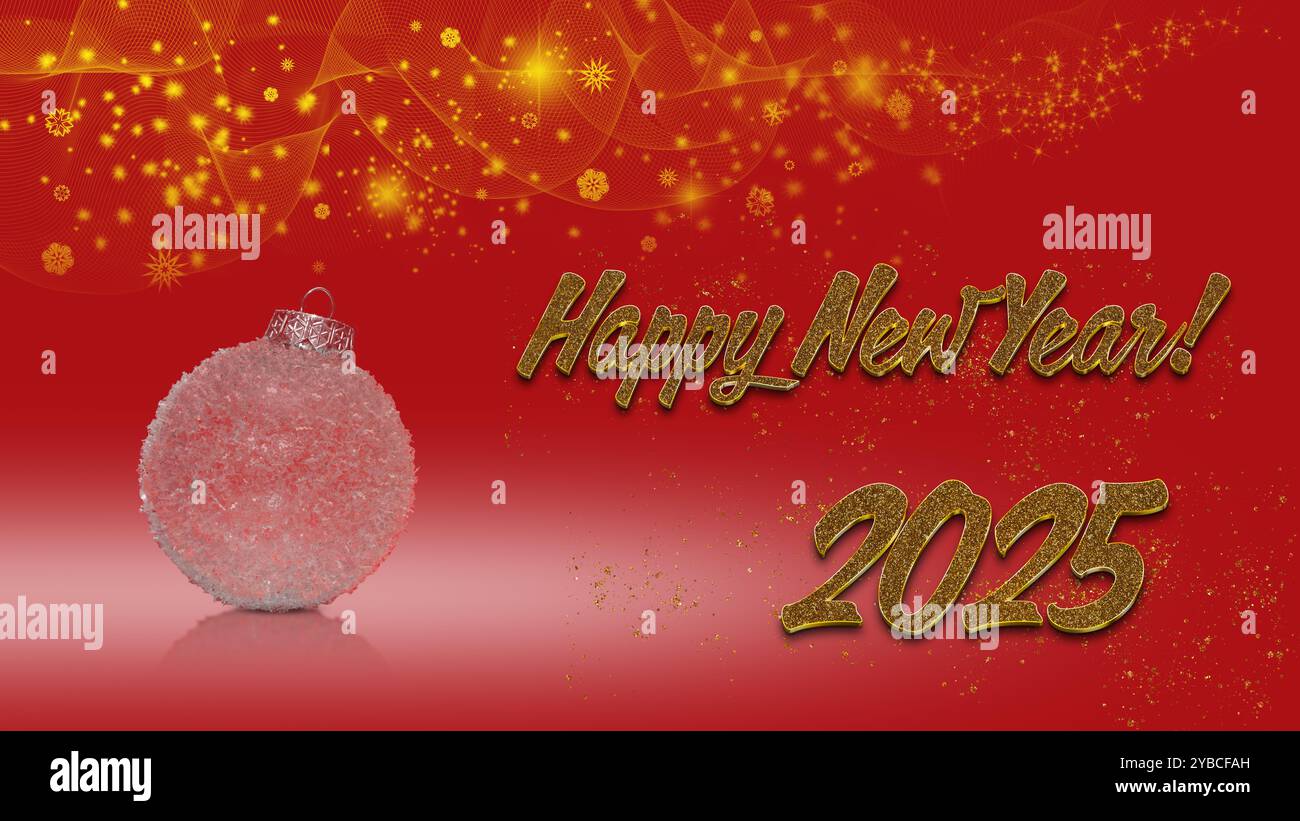 A vibrant red festive background features a shimmering Happy New Year message for 2025 with a prominent red ornament, radiating celebration and joy. Stock Photo