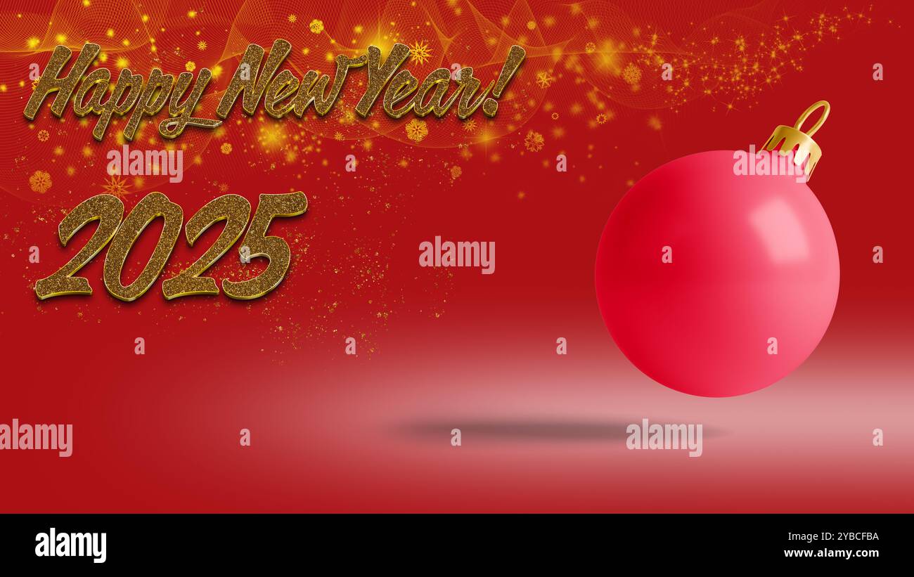 A vibrant red festive background features a shimmering Happy New Year message for 2025 with a prominent red ornament, radiating celebration and joy. Stock Photo