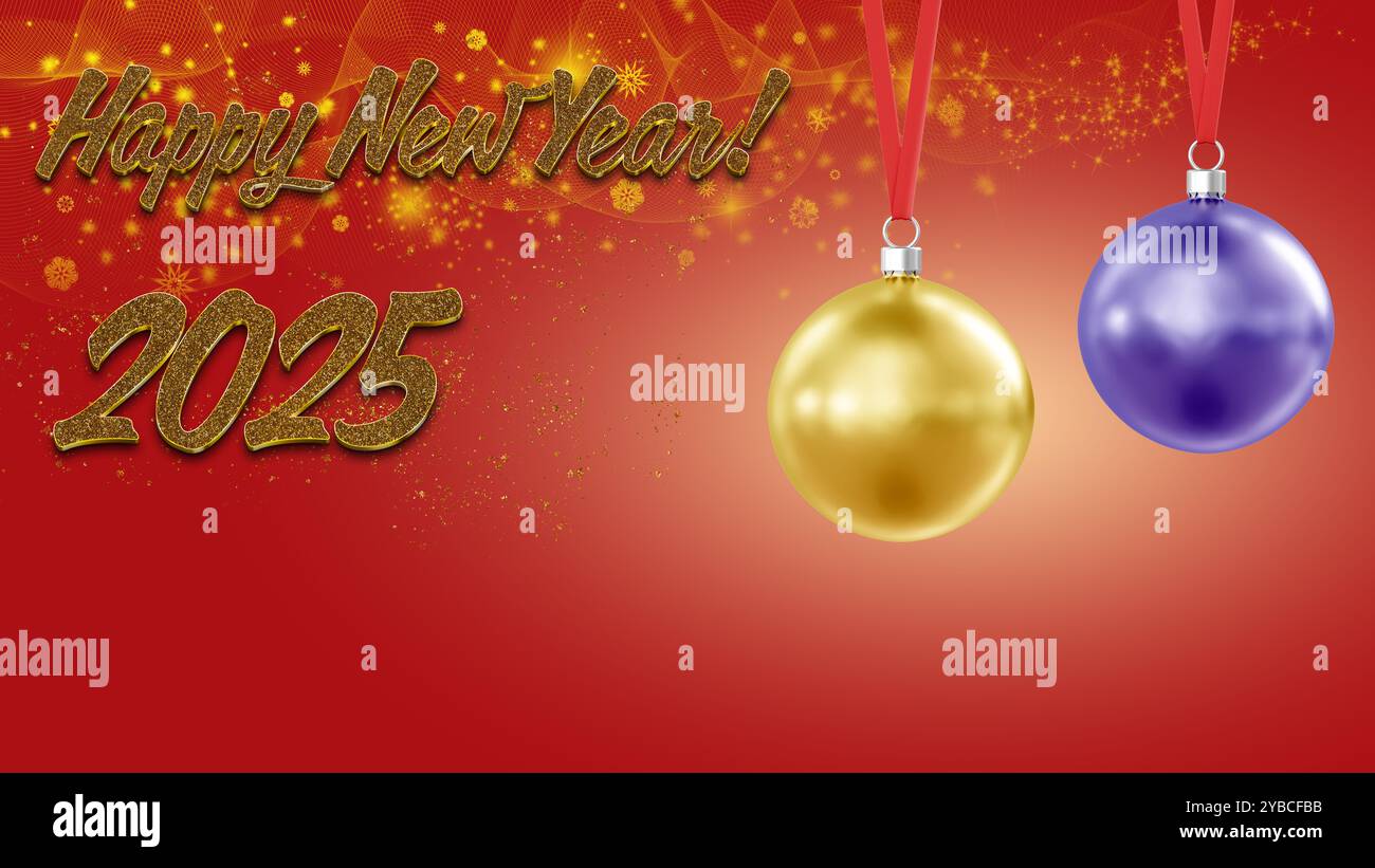 A vibrant red festive background features a shimmering Happy New Year message for 2025 with a prominent red ornament, radiating celebration and joy. Stock Photo