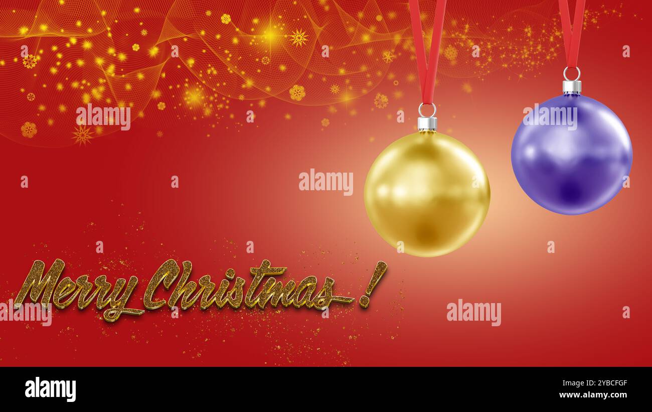A vibrant red festive background features a shimmering Merry Christmas message with a prominent red ornament, radiating celebration and joy. Stock Photo