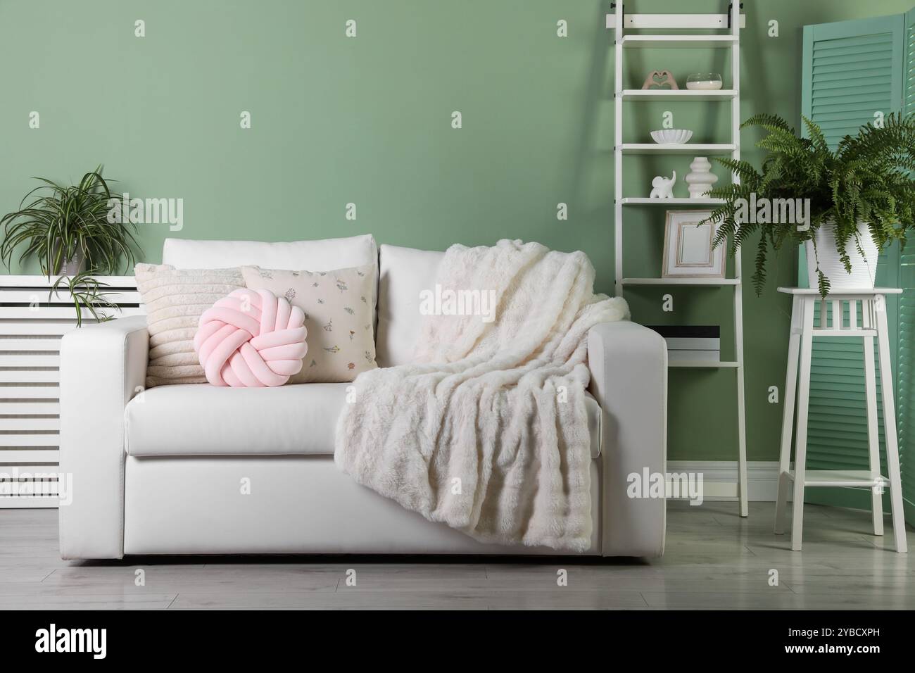 Beautiful living room interior with cozy sofa Stock Photo - Alamy